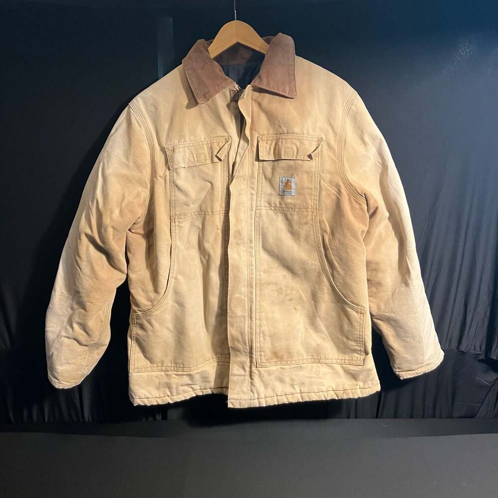 Vintage Carhartt Canvas Work Jacket Corduroy Collar Quilted Lined Tan Coat